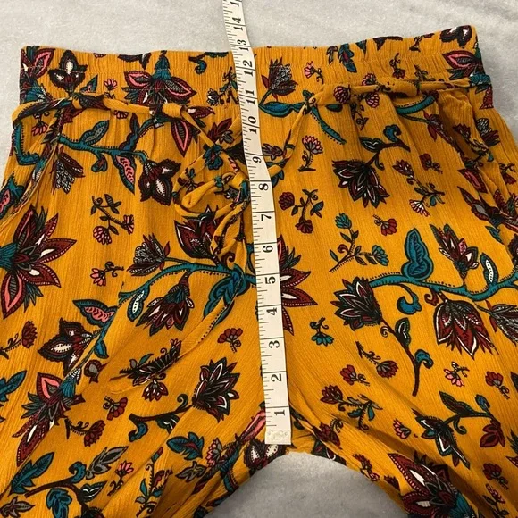 BBJ Los Angeles Mustard Fleur De Lis Flowy Wide Leg Boho Belted Pants Size L - Picture 10 of 13